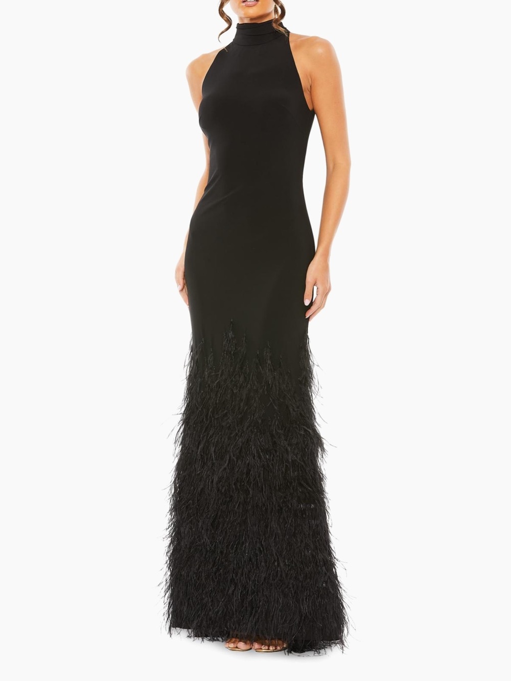 Mac Duggal Black High-Neck Feather Hem Maxi Gown